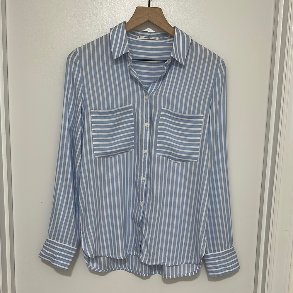 MANGO | Casual Blue and White Striped Button-Up Shirt